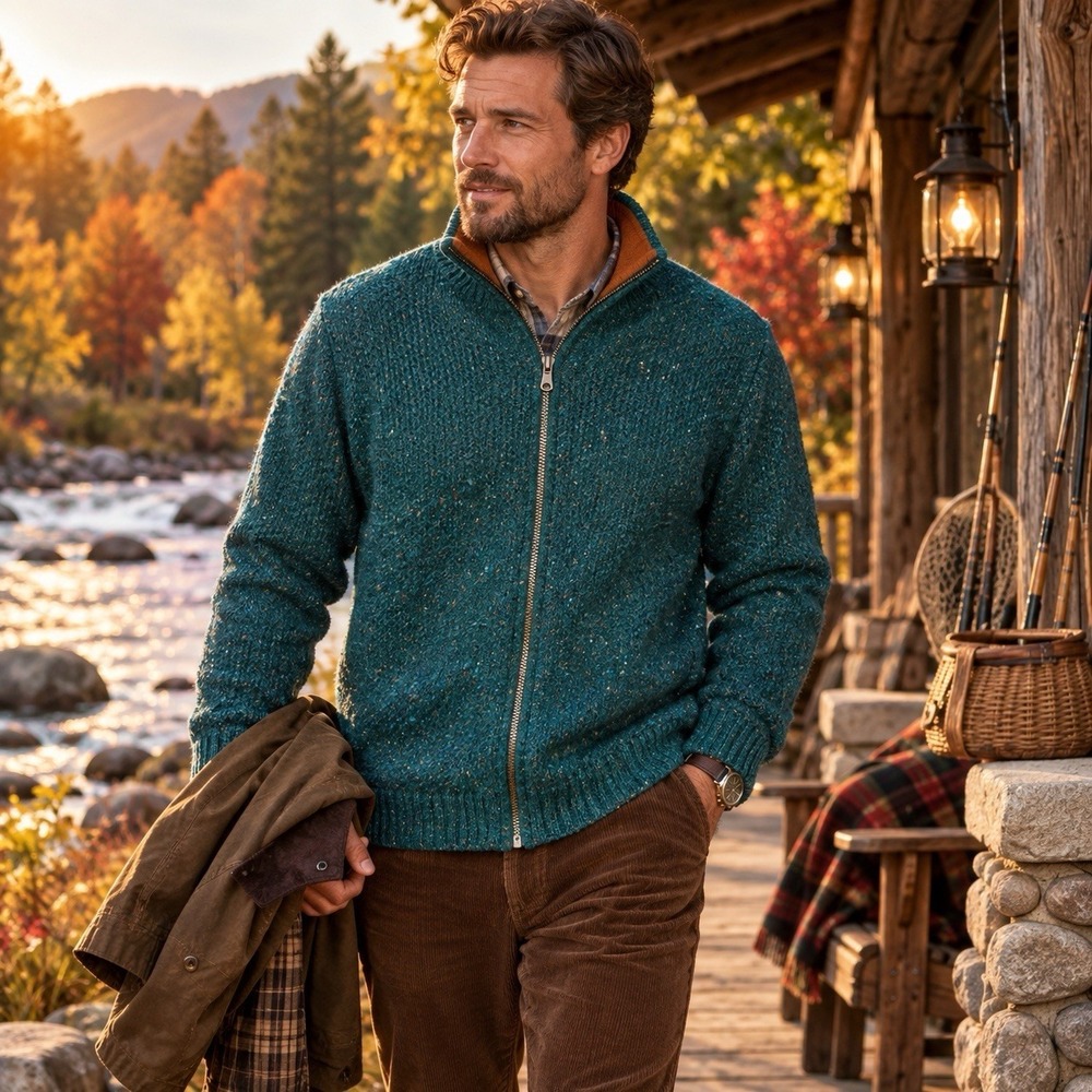Vintage Orvis Sweater Mens L Green Donegal Wool Blend Full Zip Fisherman Knit